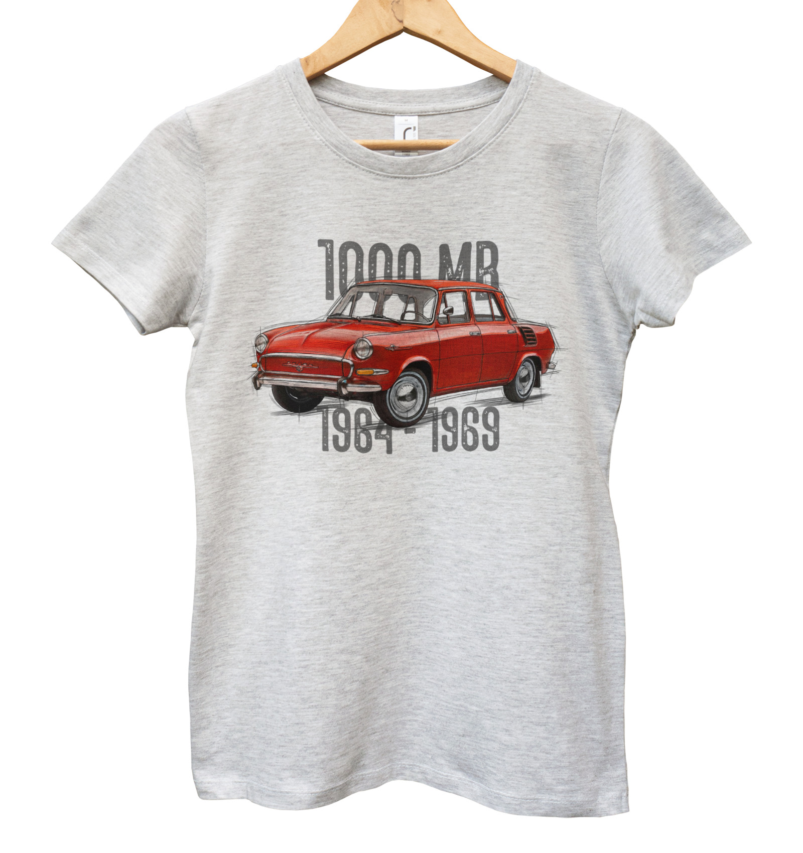 Škoda 1000 MB — koszulka (Kolor koszulki: jasnoszary melanż; Rozmiar: M (damska); Rodzaj nadruku: Škoda 1000 MB)