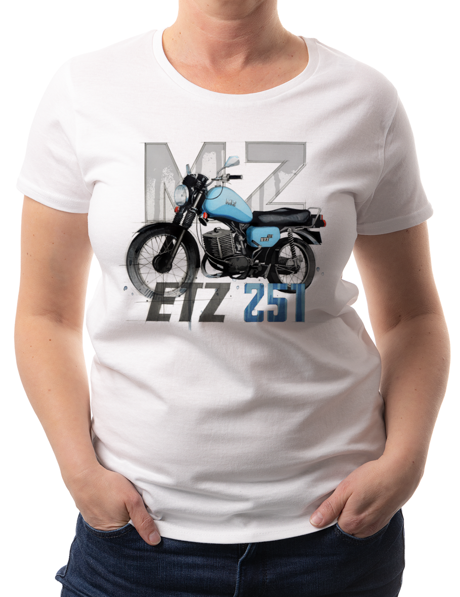 MZ ETZ 251 — koszulka (Kolor koszulki: biały; Rozmiar: XL (damska); Rodzaj nadruku: MZ ETZ 251)