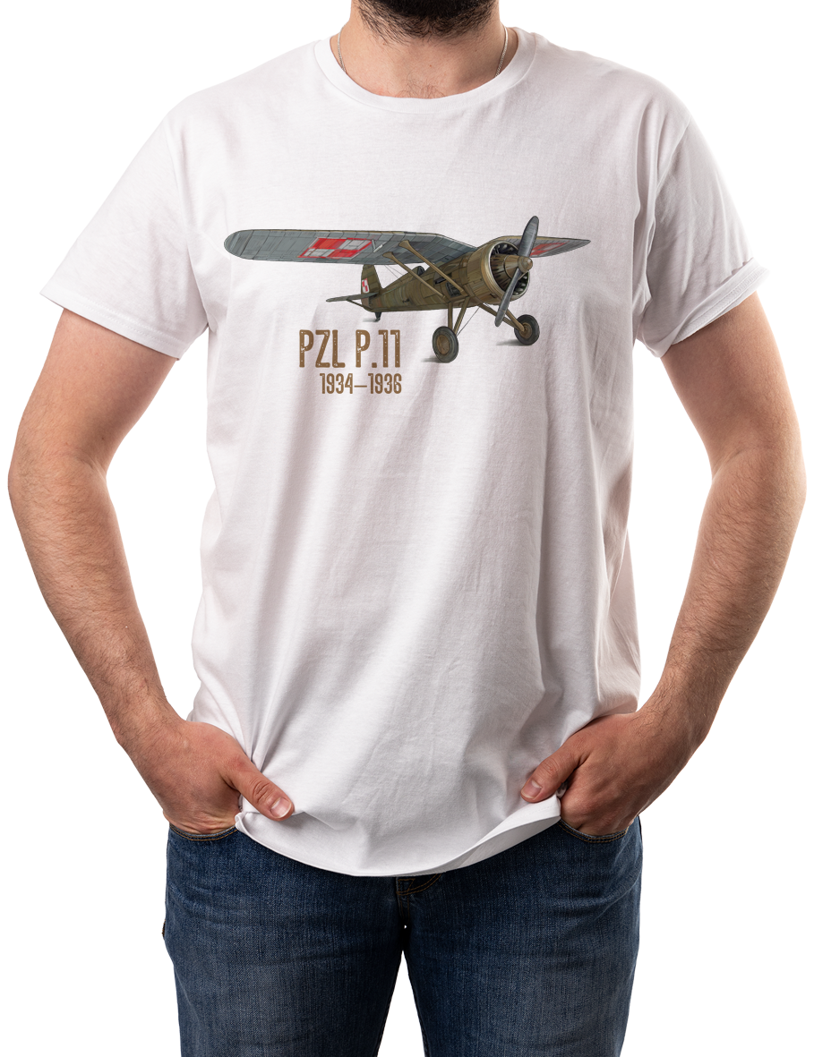 PZL P.11 — koszulka (Kolor koszulki: biały; Rozmiar: 3XL (męska); Rodzaj nadruku: PZL P.11)