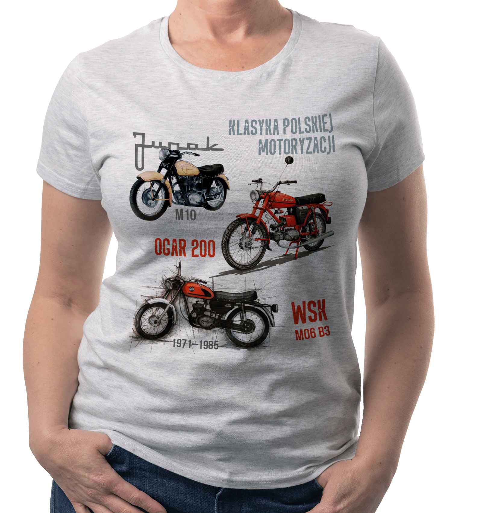 Koszulka dla motocyklisty (Kolor koszulki: jasnoszary melanż; Rozmiar: 3XL (damska); Rodzaj nadruku: MOTMIX)