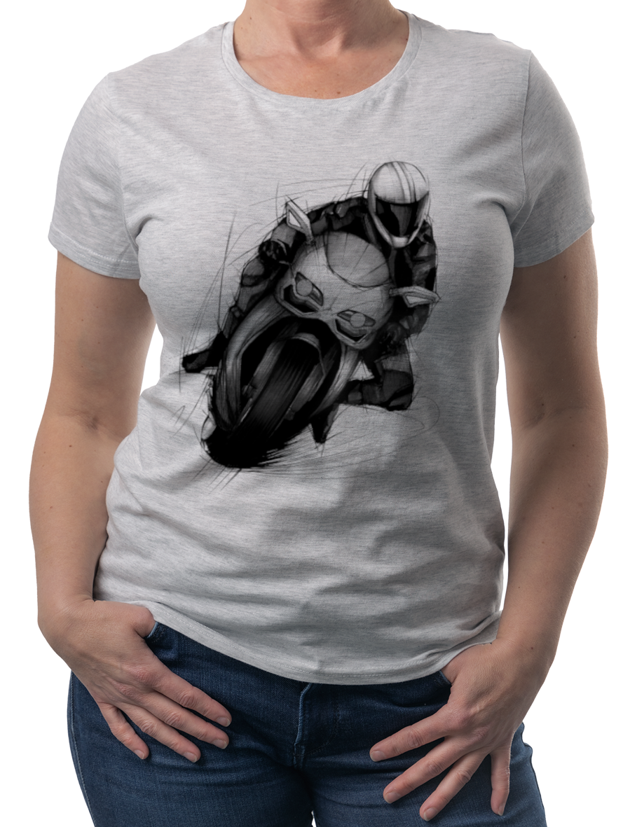 Ścigacz — koszulka (Kolor koszulki: jasnoszary melanż; Rozmiar: M (damska); Rodzaj nadruku: Ścigacz)