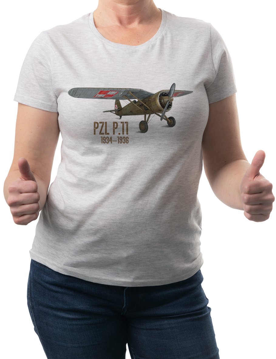 PZL P.11 — koszulka (Kolor koszulki: jasnoszary melanż; Rozmiar: M (damska); Rodzaj nadruku: PZL P.11)