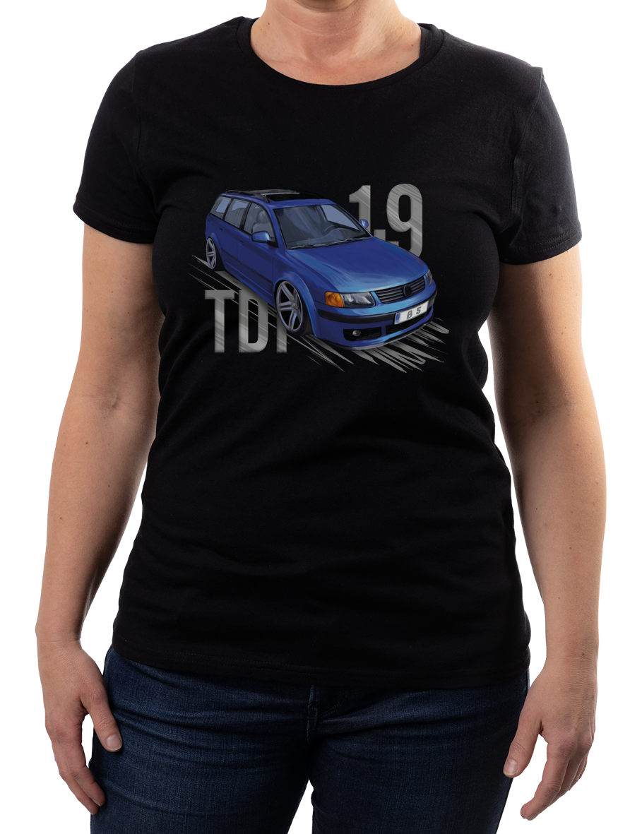 VW Passat B5 — koszulka (Kolor koszulki: czarny; Rozmiar: L (damska); Rodzaj nadruku: Volkswagen Passat B5)