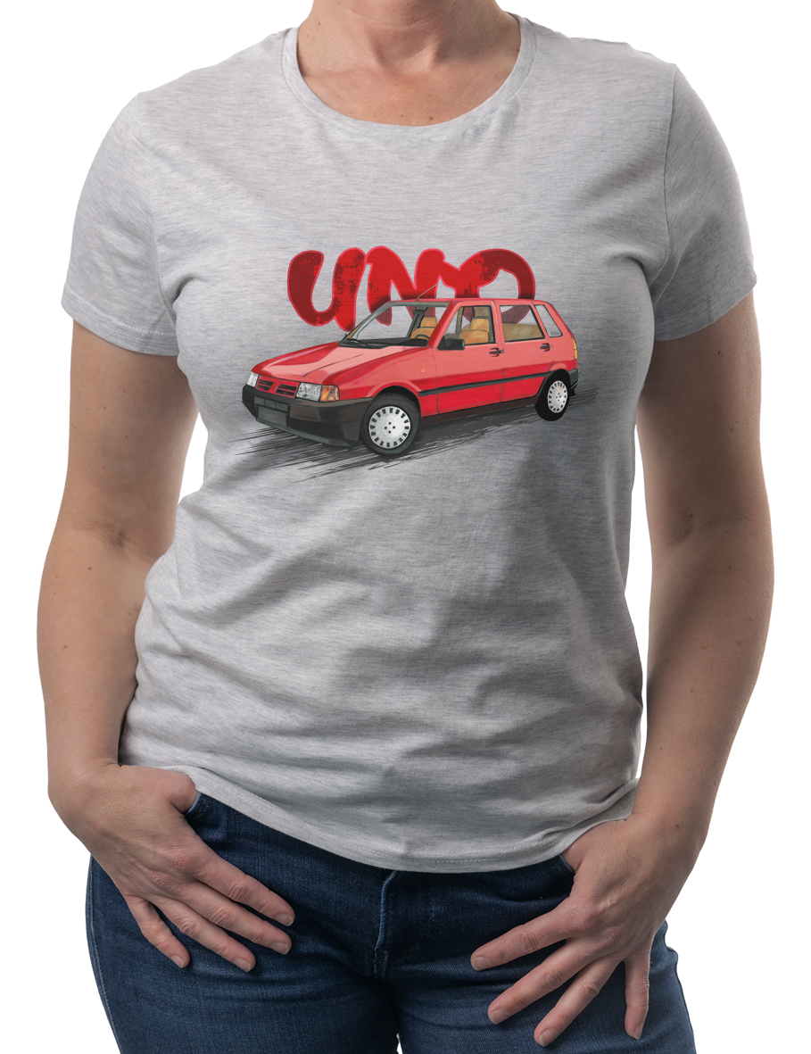 Fiat Uno — koszulka (Kolor koszulki: jasnoszary melanż; Rozmiar: M (damska); Rodzaj nadruku: Fiat Uno)