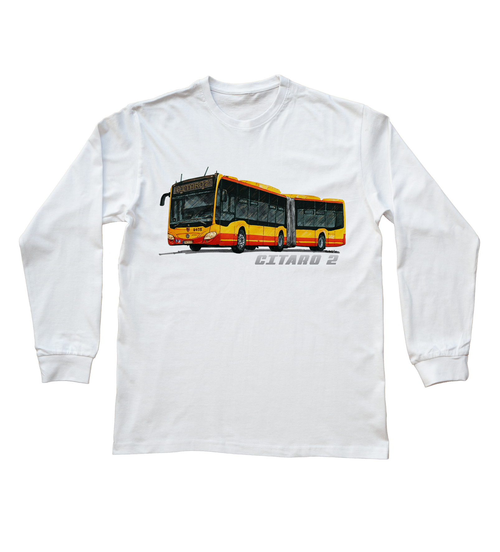 Mercedes-Benz Citaro — bluzka z długim rękawem (Rozmiar: S (dorosła); Kolor koszulki: biały; Rodzaj nadruku: Mercedes-Benz Citaro)