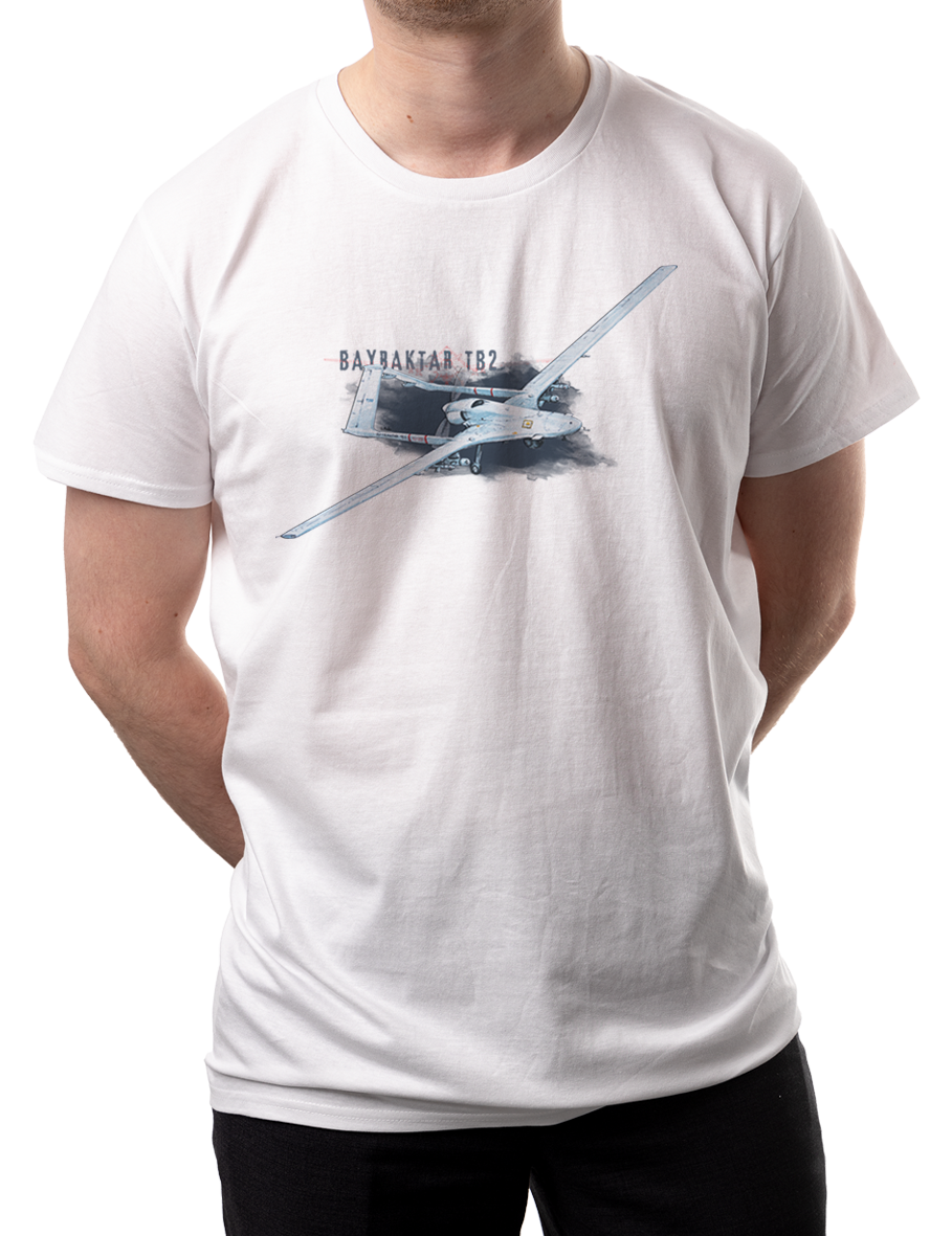 Bayraktar — koszulka (Kolor koszulki: biały; Rozmiar: 4XL (męska); Rodzaj nadruku: Bayraktar TB2)