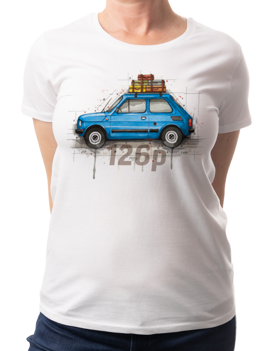 Fiat 126p — koszulka (Kolor koszulki: biały; Rozmiar: XL (damska); Rodzaj nadruku: Fiat 126p)