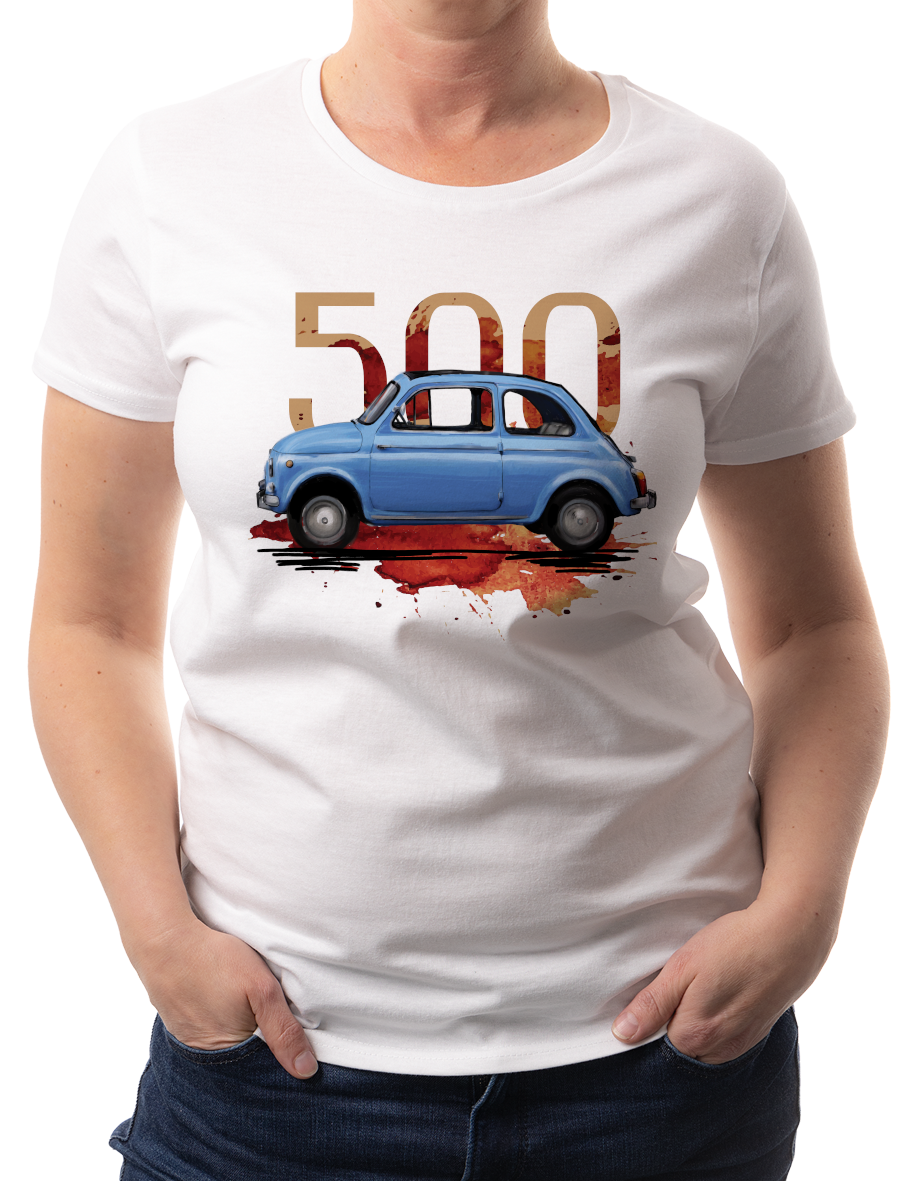 Fiat 500 — koszulka (Kolor koszulki: biały; Rozmiar: M (damska); Rodzaj nadruku: Fiat 500)
