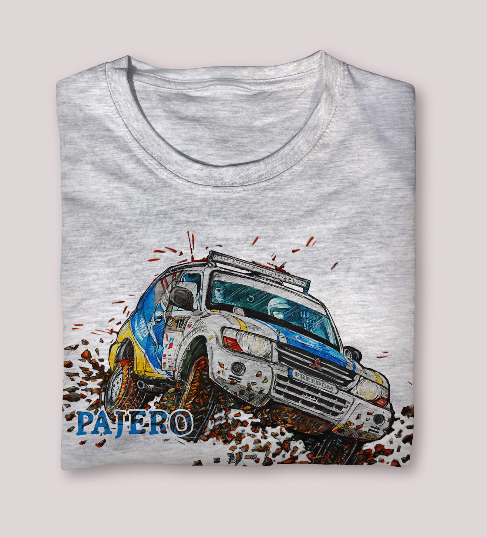 Mitsubishi Pajero — koszulka (Kolor koszulki: jasnoszary melanż; Rozmiar: XXL (męska); Rodzaj nadruku: Mitsubishi Pajero)