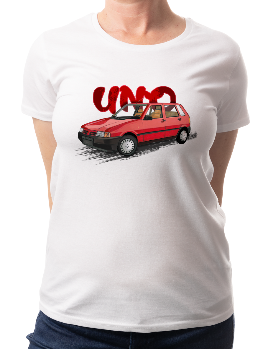 Fiat Uno — koszulka (Kolor koszulki: biały; Rozmiar: 3XL (damska); Rodzaj nadruku: Fiat Uno)