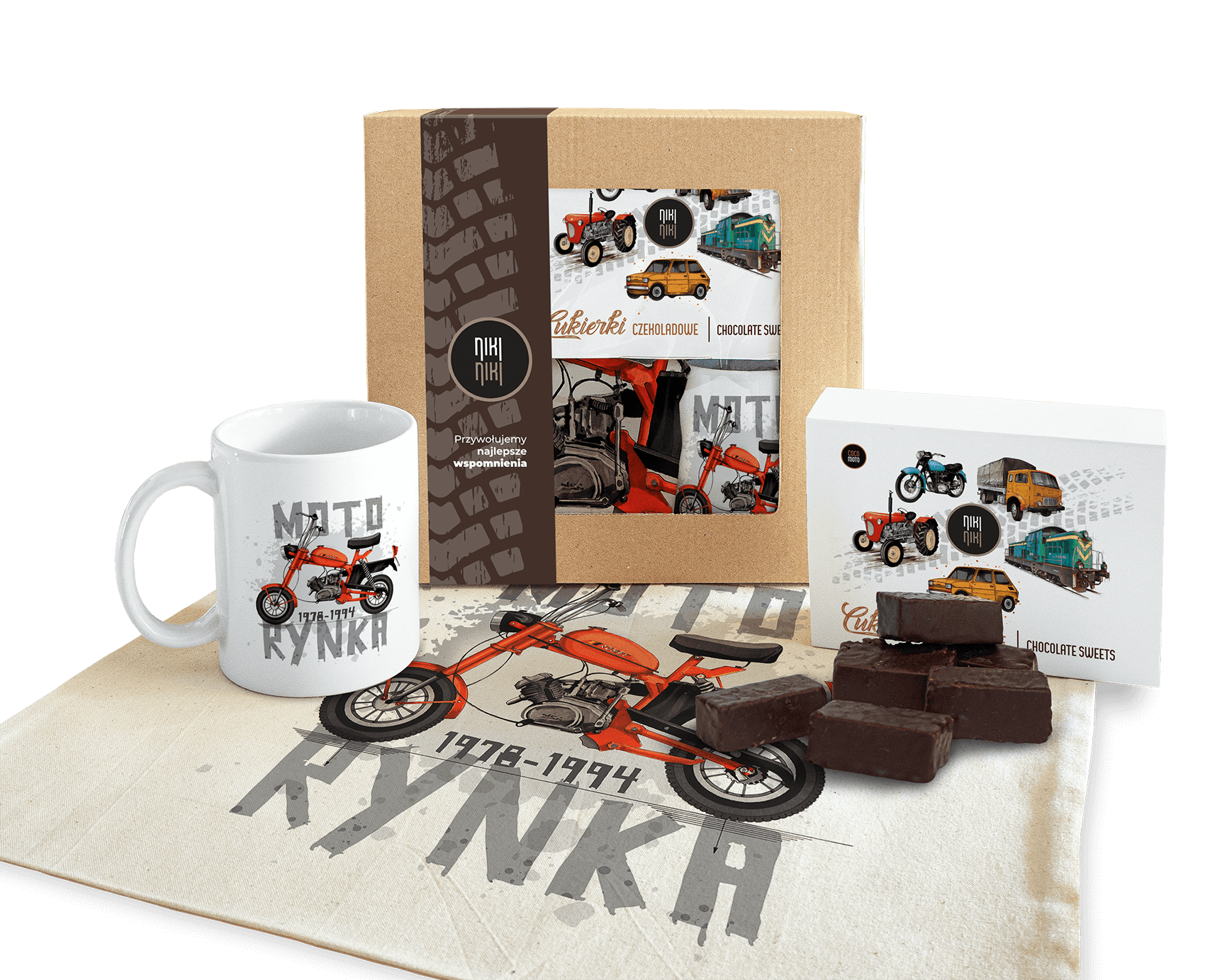 Motorynka — paczka (Zawartość paczki: koszulka - torba - kubek - słodycze; Rozmiar koszulki / bluzy: L (męska); Kolor koszulki / bluzy: biały; Rodzaj