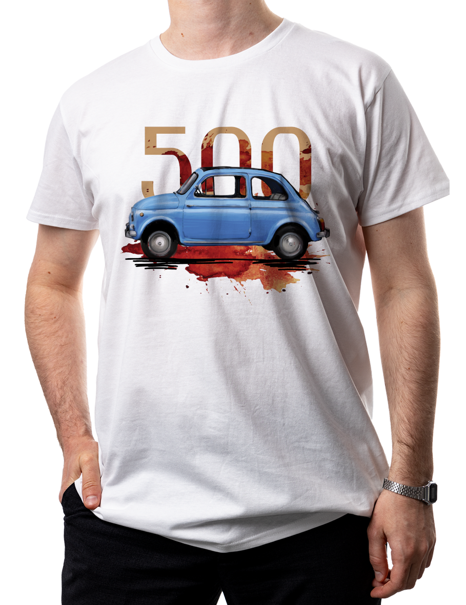 Fiat 500 — koszulka (Kolor koszulki: biały; Rozmiar: 3XL (męska); Rodzaj nadruku: Fiat 500)