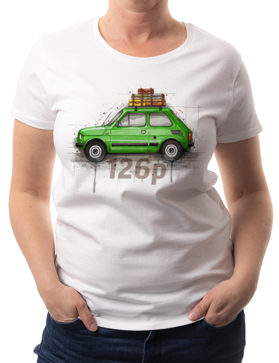 Fiat 126p — koszulka (Kolor koszulki: biały; Rozmiar: XXL (damska); Rodzaj nadruku: Fiat 126p)
