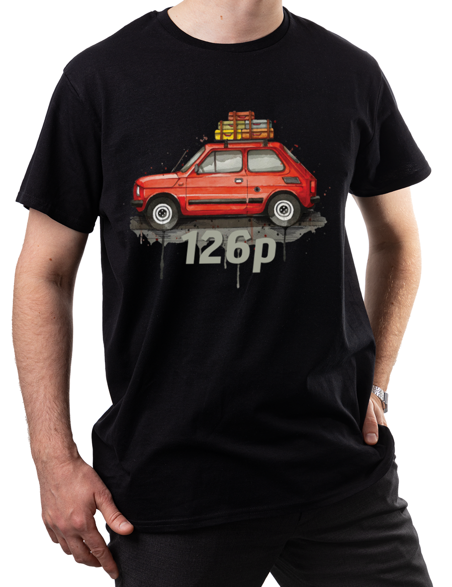 Fiat 126p — koszulka (Kolor koszulki: czarny; Rozmiar: 5XL (męska); Rodzaj nadruku: Fiat 126p)
