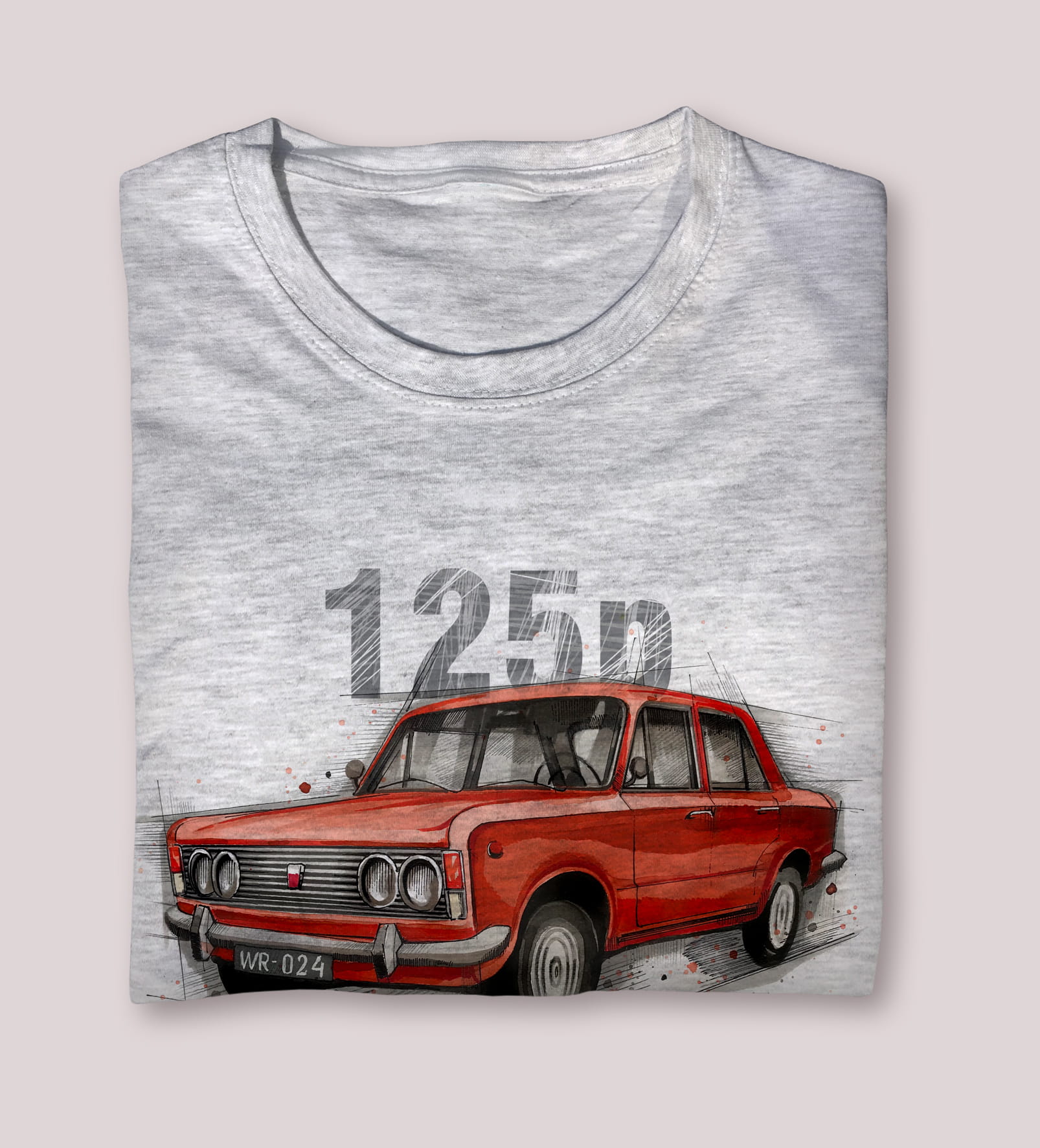 Fiat 125p — koszulka (Kolor koszulki: jasnoszary melanż; Rozmiar: 3 - 4 lata; Rodzaj nadruku: Fiat 125p)