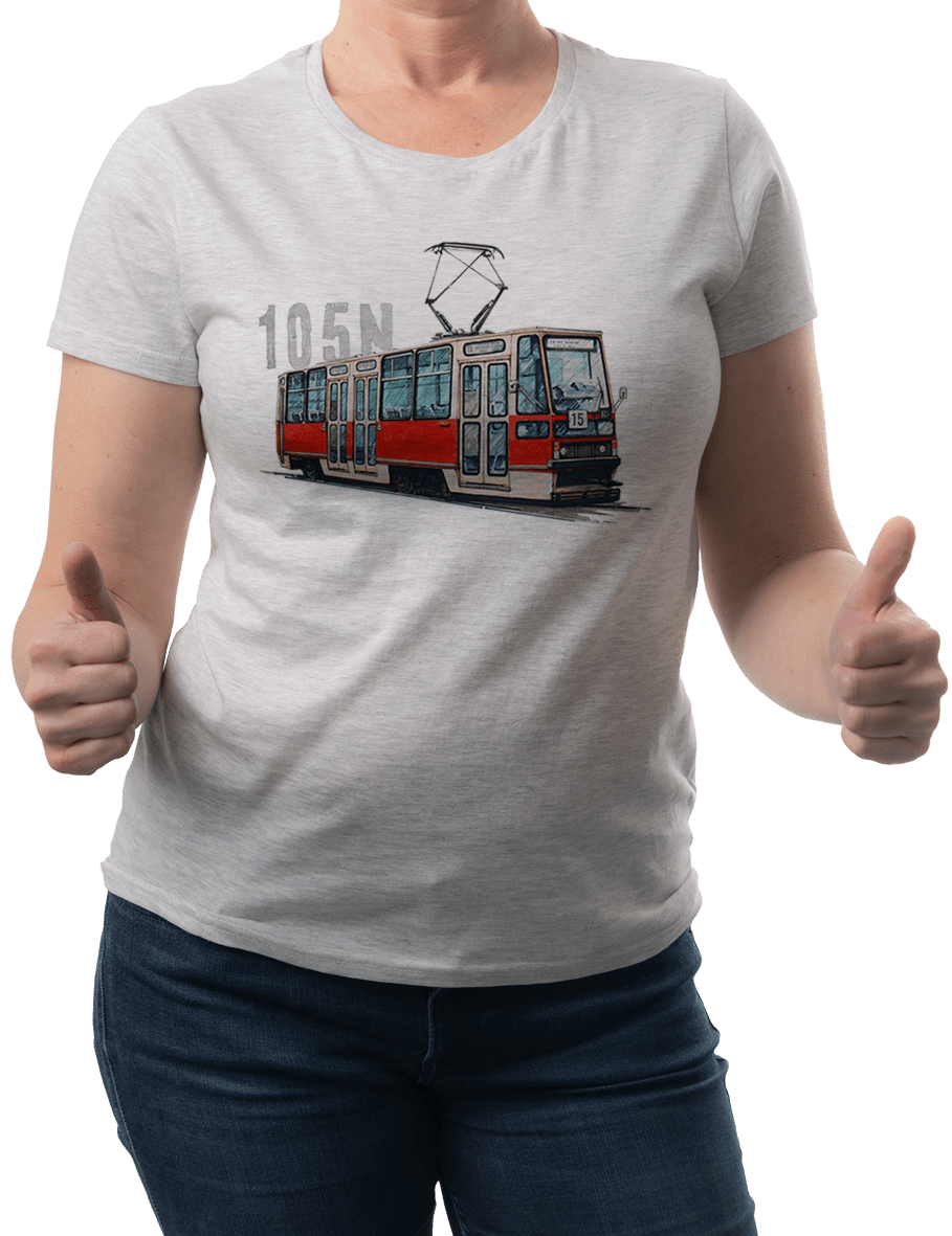 Konstal 105N — koszulka (Kolor koszulki: jasnoszary melanż; Rozmiar: S (damska); Rodzaj nadruku: Konstal 105N)