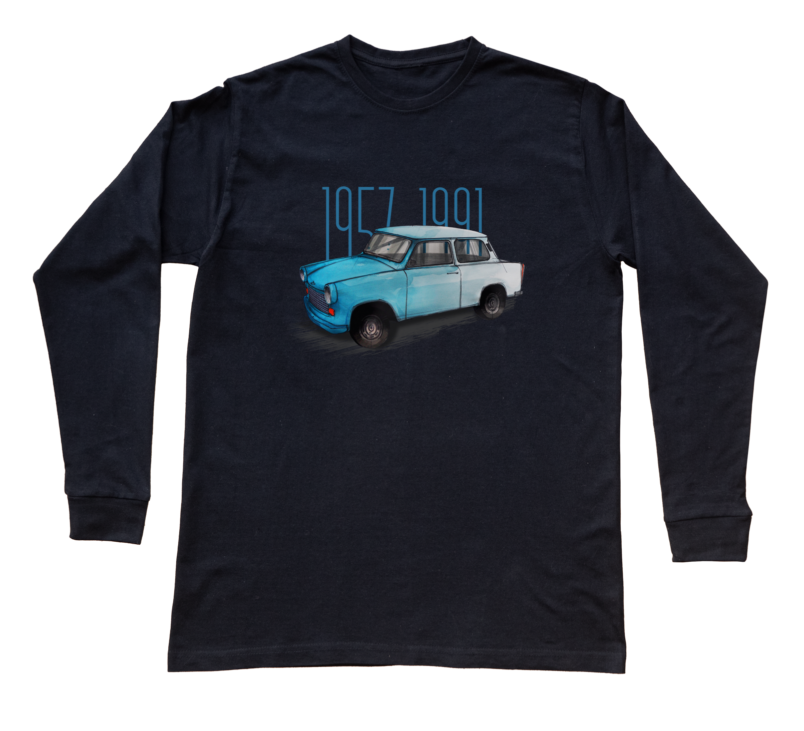 Trabant — bluzka z długim rękawem (Rozmiar: XS (dorosła); Kolor koszulki: czarny; Rodzaj nadruku: Trabant)