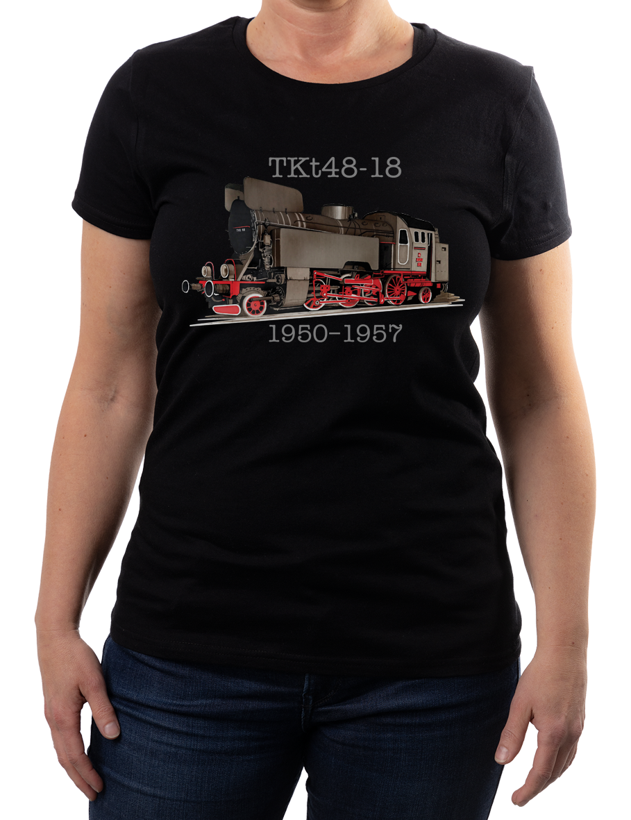 TKt48-18 — koszulka (Kolor koszulki: czarny; Rozmiar: XL (damska); Rodzaj nadruku: Lokomotywa)