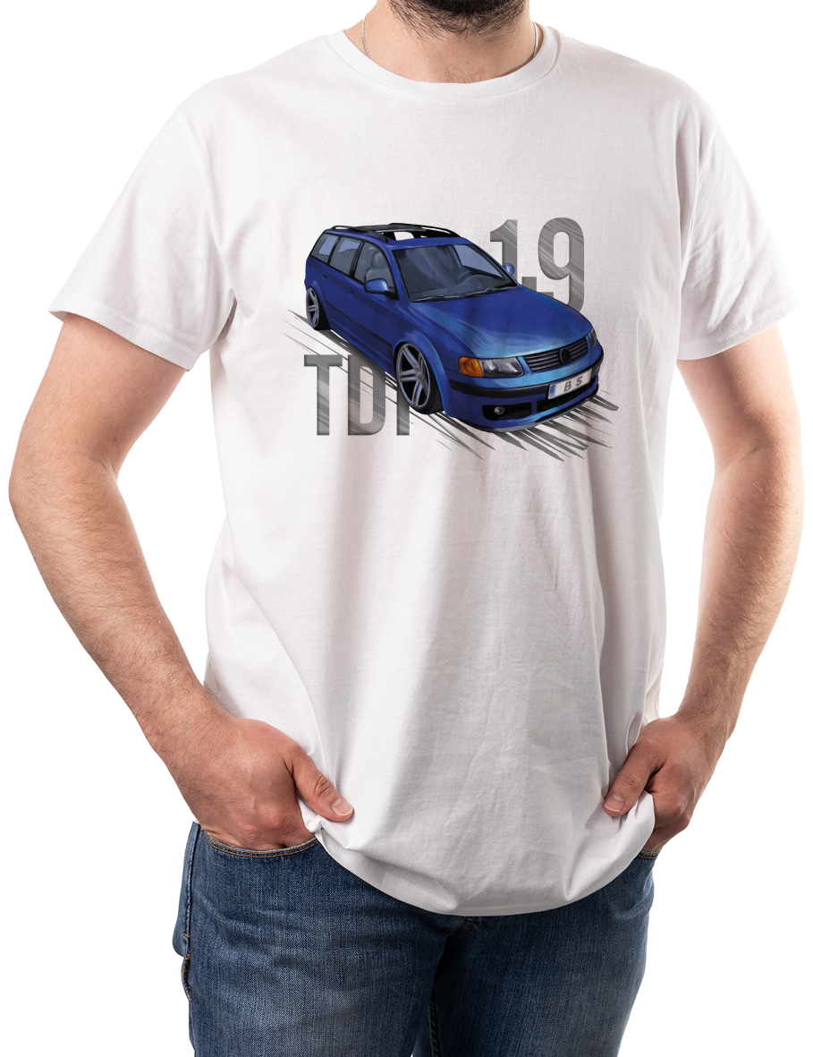 VW Passat B5 — koszulka (Kolor koszulki: biały; Rozmiar: 5XL (męska); Rodzaj nadruku: Volkswagen Passat B5)