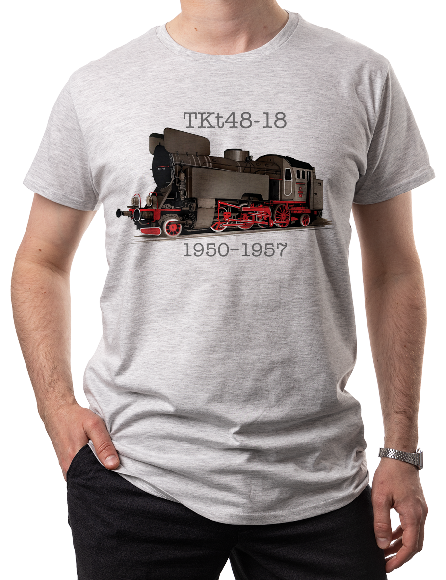 TKt48-18 — koszulka (Kolor koszulki: jasnoszary melanż; Rozmiar: L (męska); Rodzaj nadruku: Lokomotywa)