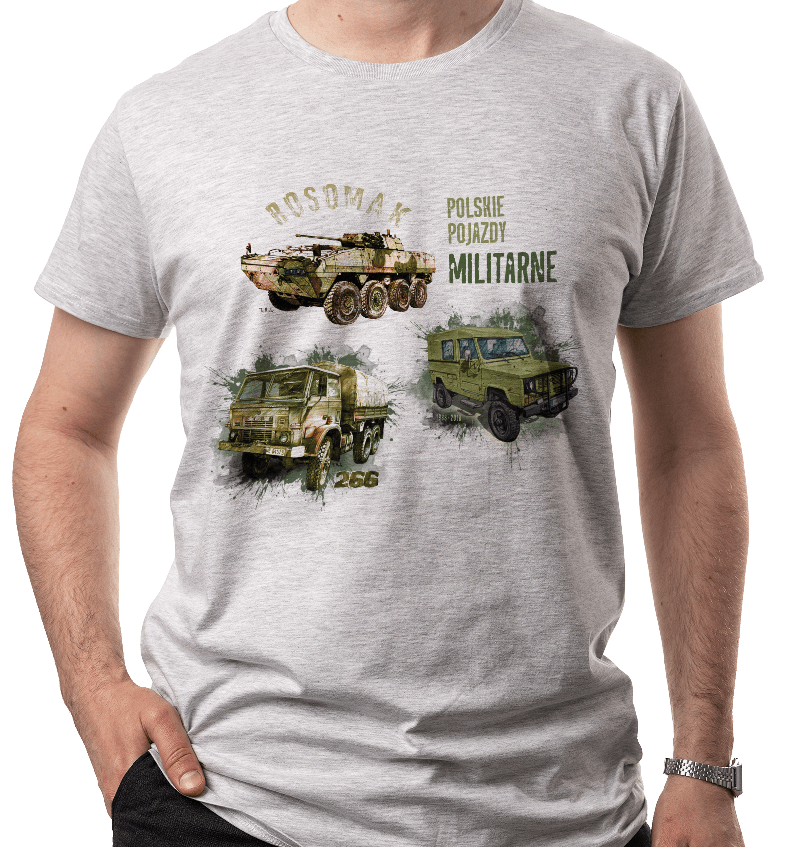 Koszulka dla fana militariów (Kolor koszulki: jasnoszary melanż; Rozmiar: XXL (męska); Rodzaj nadruku: MILMIX)