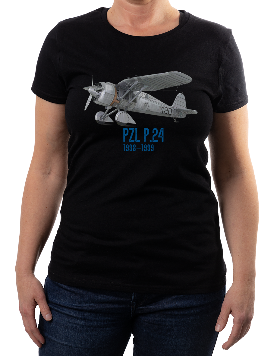 PZL P.24 — koszulka (Kolor koszulki: czarny; Rozmiar: S (damska); Rodzaj nadruku: PZL P.24)