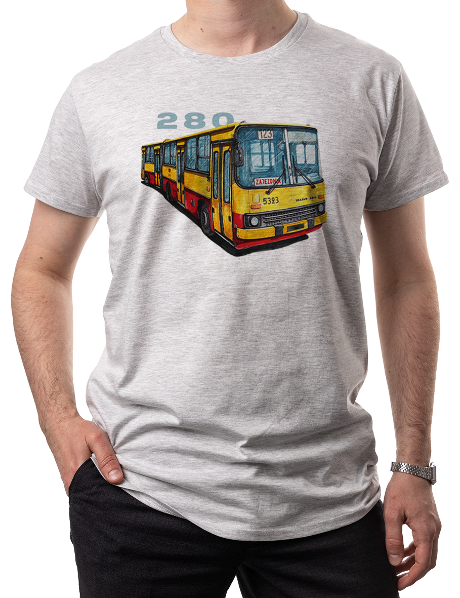 Ikarus 280 — koszulka (Kolor koszulki: jasnoszary melanż; Rozmiar: 5XL (męska); Rodzaj nadruku: Ikarus 280)