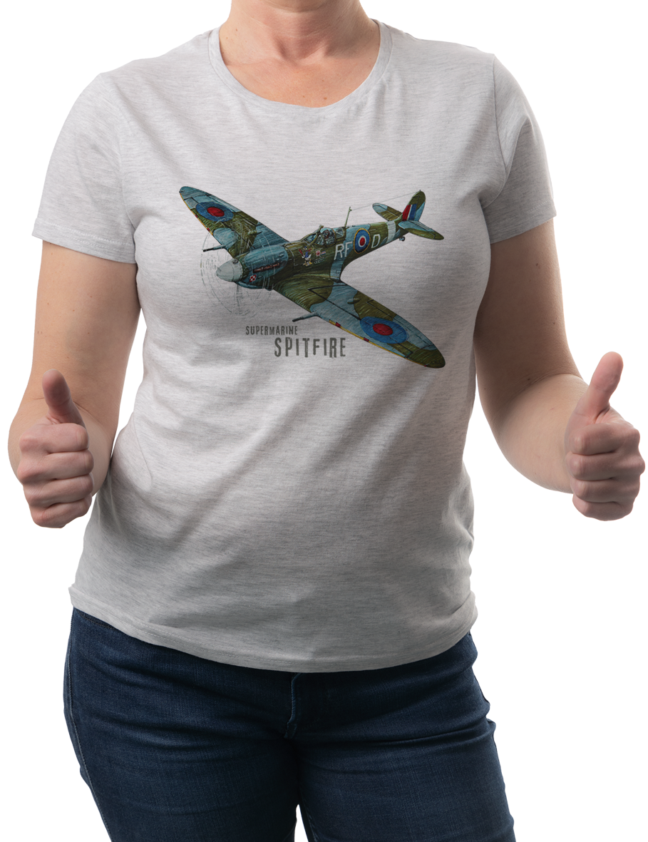 Supermarine Spitfire — koszulka (Kolor koszulki: jasnoszary melanż; Rozmiar: S (damska); Rodzaj nadruku: Supermarine Spitfire)