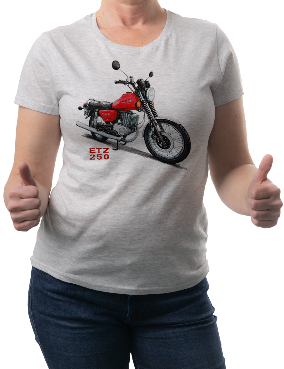 MZ ETZ 250 — koszulka (Kolor koszulki: jasnoszary melanż; Rozmiar: 3XL (damska); Rodzaj nadruku: MZ ETZ 250)