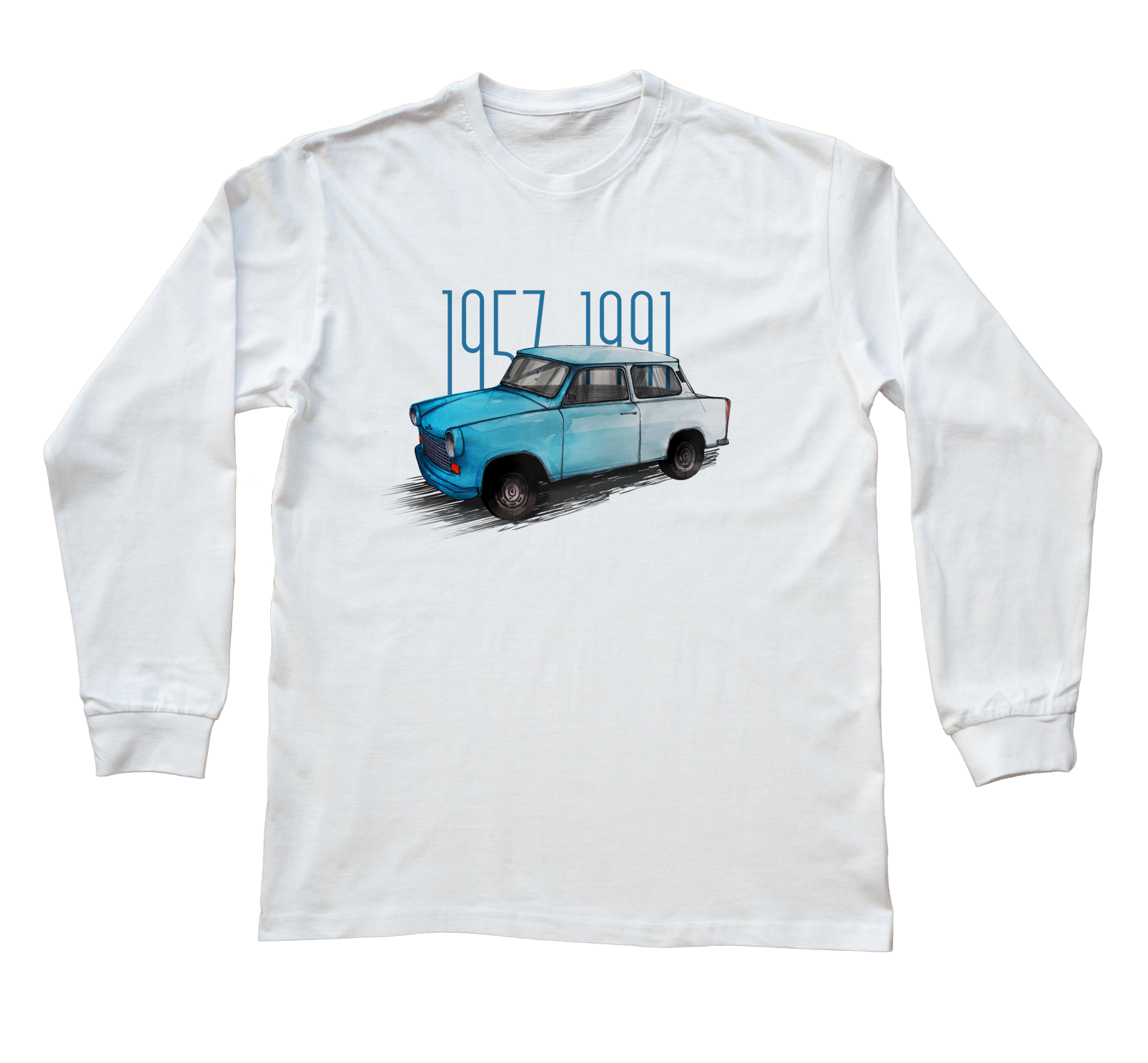 Trabant — bluzka z długim rękawem (Rozmiar: 3XL (dorosła); Kolor koszulki: biały; Rodzaj nadruku: Trabant)