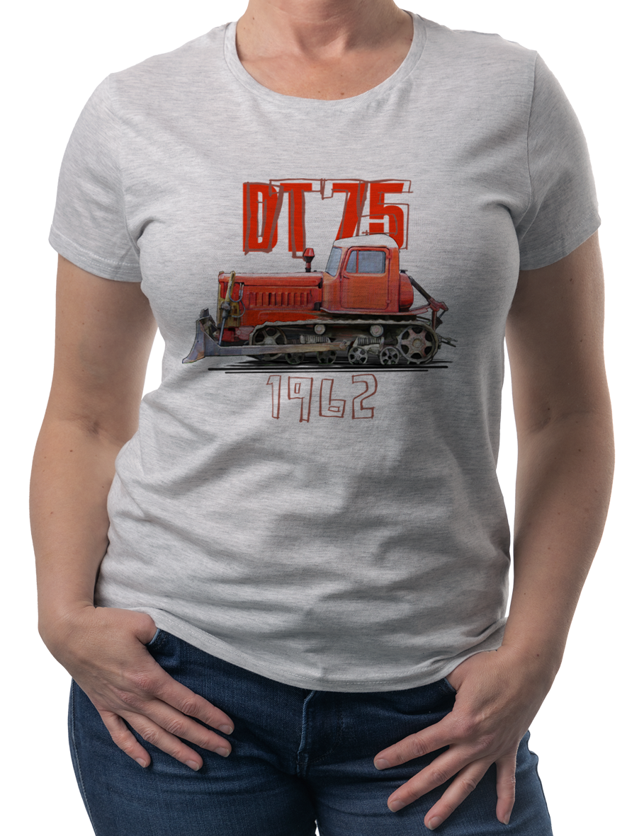 DT-75 — koszulka (Kolor koszulki: jasnoszary melanż; Rozmiar: S (damska); Rodzaj nadruku: DT-75)