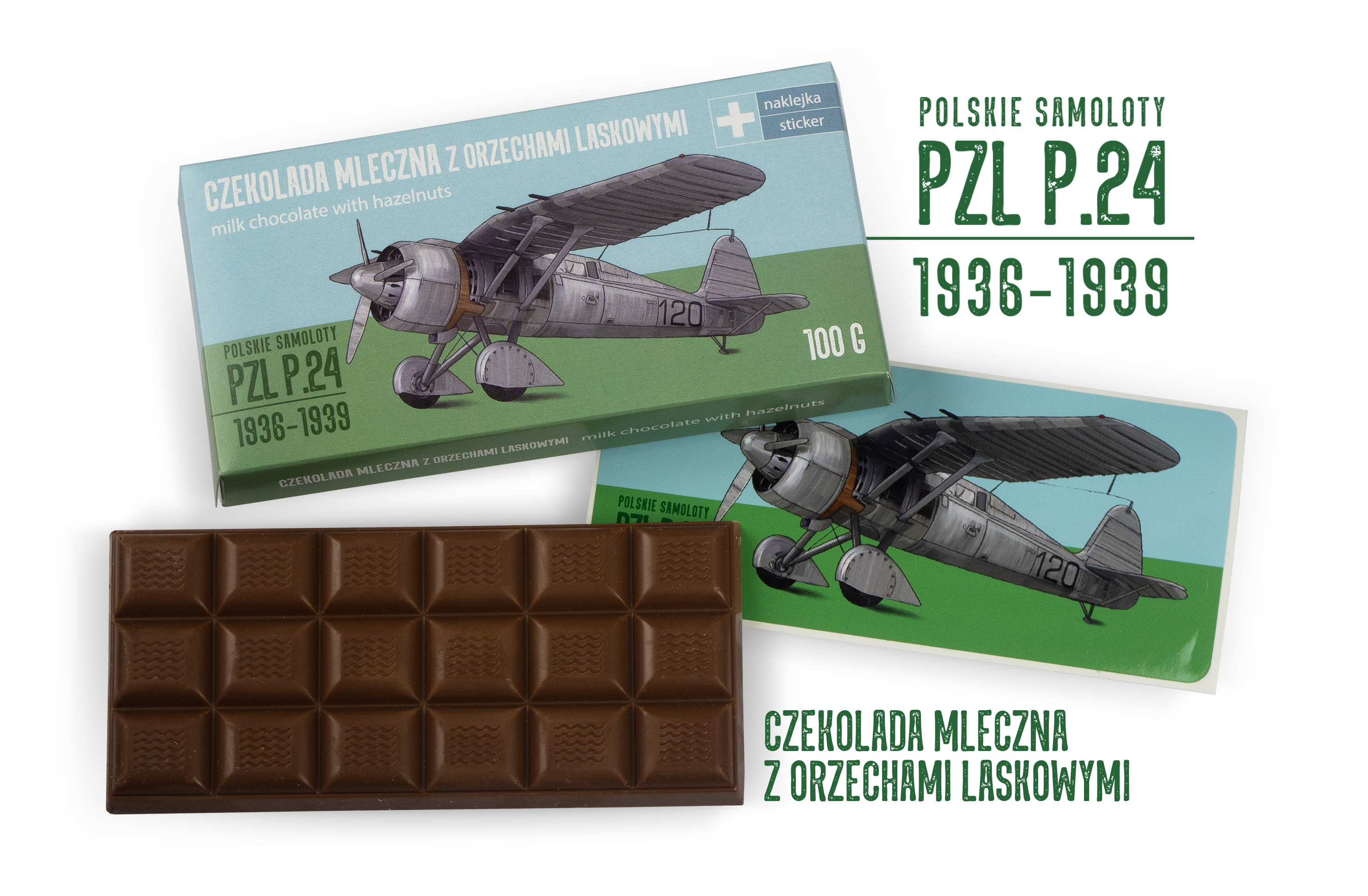 PZL P.24 — czekolada mleczna z orzechami laskowymi z naklejką& CocoMoto