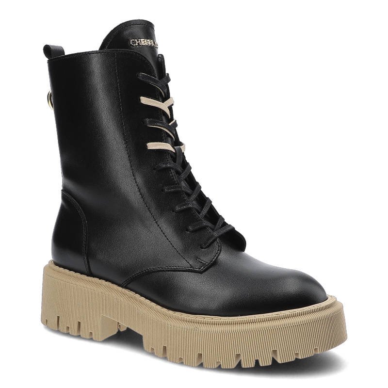 Botki damskie Chebello, ze skóry naturalnej zapięcie na sznurowanie i suwak usztywniony zapiętek masywna podeszwa z wyraźnym bieżnikiem, czarne, 2800