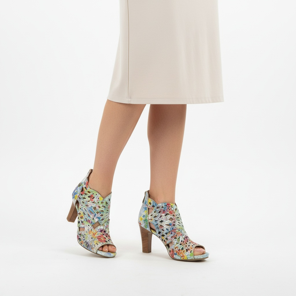 Sandały damskie Laura Vita, ze skóry naturalnej z ażurowymi wycięciami w ozdobny wzór na stabilnym obcasie, kolorowe, 048 SL316D-4JBS