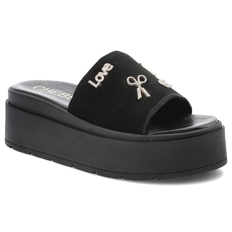 Klapki damskie Chebello, na wysokiej platformie skórzane z ozdobami, czarne, 4600-034