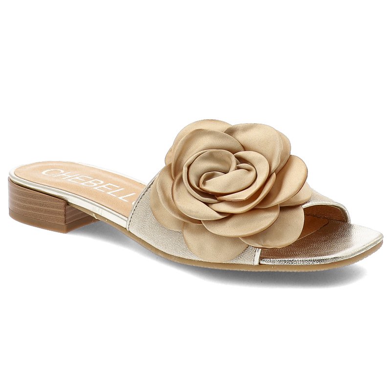 Klapki damskie Chebello, eleganckie ze skóry naturalnej na płaskim obcasie z ozdobnym kwiatem, złote, 4673-517