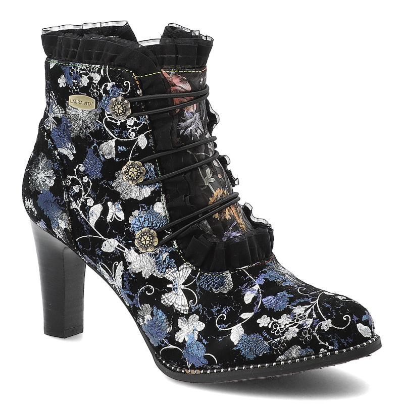 Botki damskie Laura Vita, na wysokim słupku skórzane bogato zdobione i zapinane na zamek, granatowe, SL316-130K