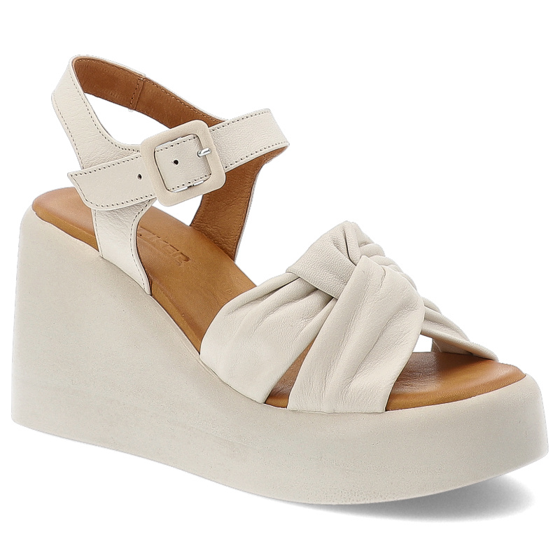 Sandały damskie Artiker, ze skóry licowej na wysokim koturnie zapinane sprzączką, beżowe, 56C0269