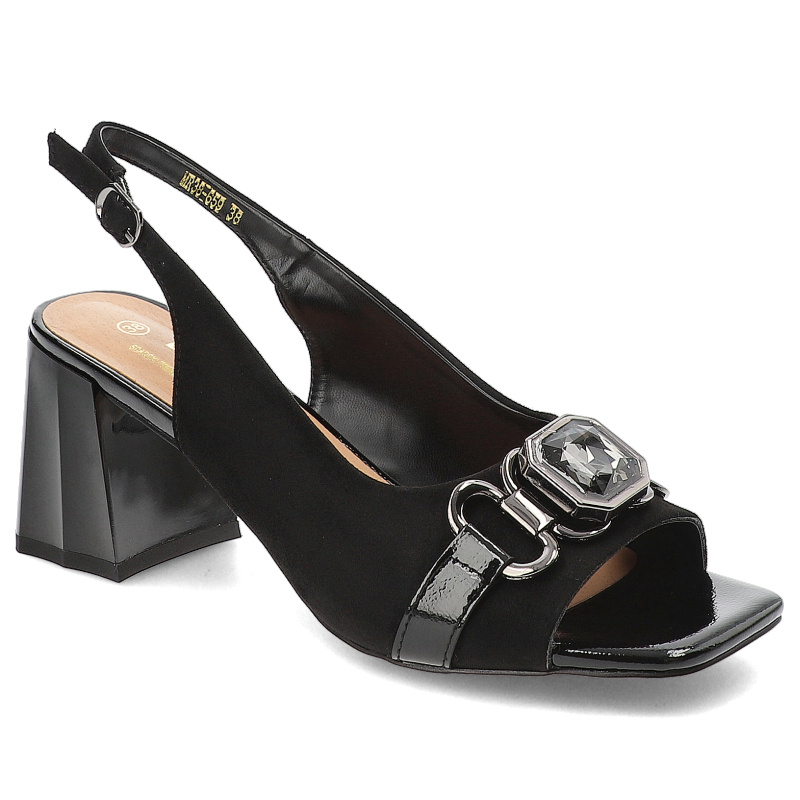 Czarna Sandały S.Barski Modne Obuwie Damskie Z Broszką