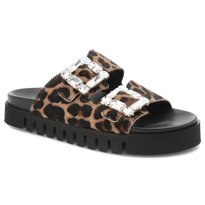 Klapki damskie Chebello, eleganckie we wzorki z ozdobą i na grubej platformie, brązowe, S390-4688