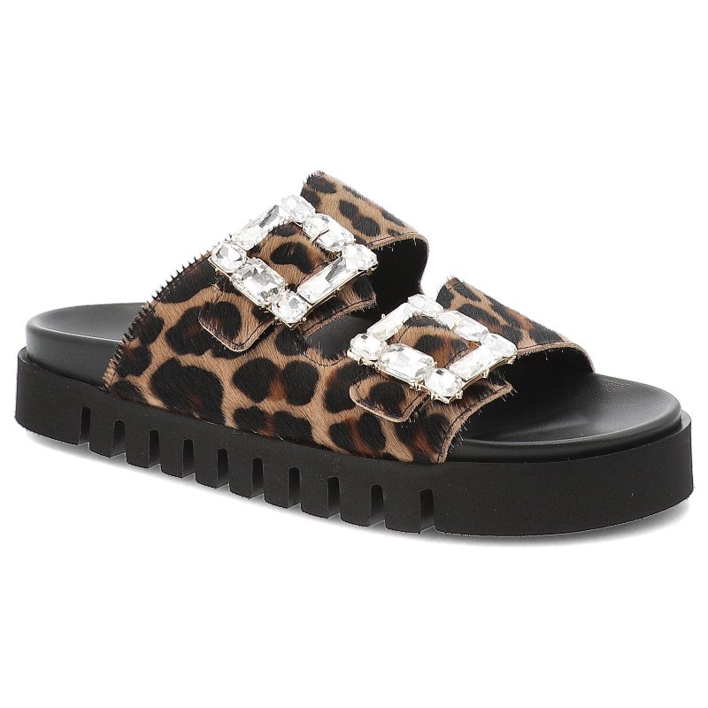 Klapki damskie Chebello, eleganckie we wzorki z ozdobą i na grubej platformie, brązowe, S390-4688