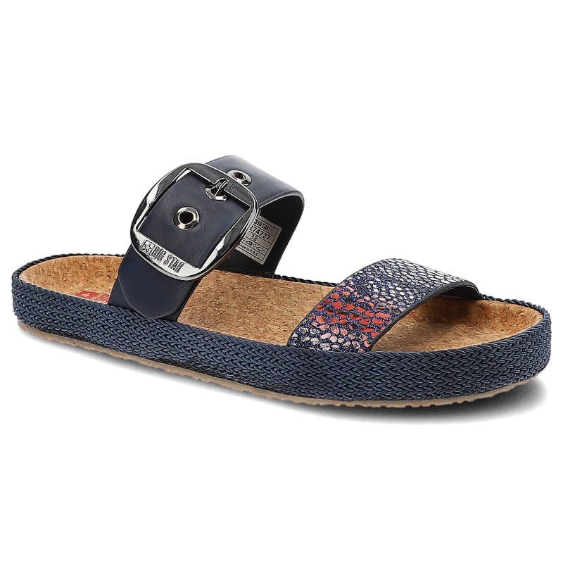 Klapki damskie Big Star, materiał syntetyczny z regulowanym paskiem zapinanym na klamrę profilowaną wkładką, granatowe, JJ274727