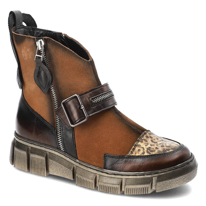 Botki damskie Maciejka, ze skóry naturalnej licowej i zamszowej z kontrastowymi panelami bocznym zamkiem, rude, 05570‑29‑00‑3