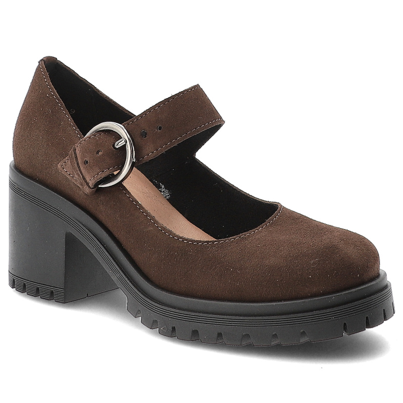 Półbuty damskie Armdo, na masywnym obcasie z okrągłym noskiem skórzane i zapinane sprzączką, czekoladowe, 20166-W-Czekolada-Cn