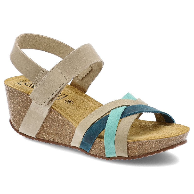 Sandały damskie HEE, skórzane na korkowej podeszwie na koturnie na rzepy, jeansowe, 25012