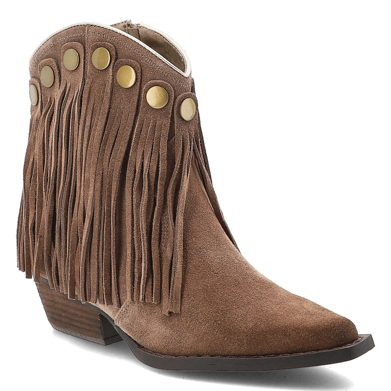 Kowbojki damskie Artiker, welurowe z frędzlami boho na klocku i na suwak, taupe, 57C1136