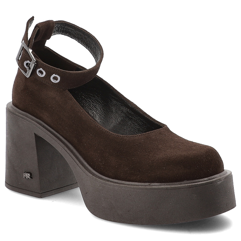 Półbuty damskie Karino, na masywnym klocku skórzane z okrągłym noskiem i zapinane sprzączką, mokka, 5638-015-P