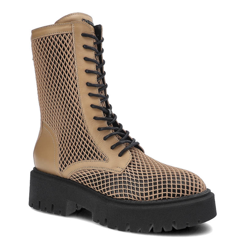 Botki damskie Chebello, naturalna skóra licowa w połączeniu z perforowanym materiałem z wysoką sznurowaną cholewką oraz masywną podeszwą, beżowe, 279