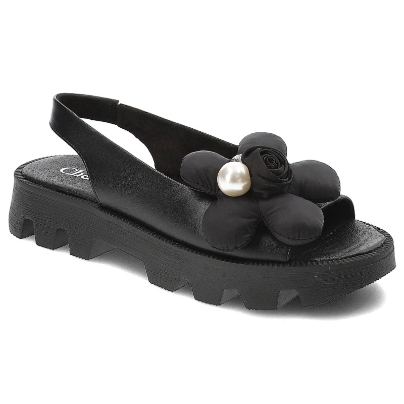 Czarne Sandały Chebello Modne Obuwie Damskie Z Kwiatem