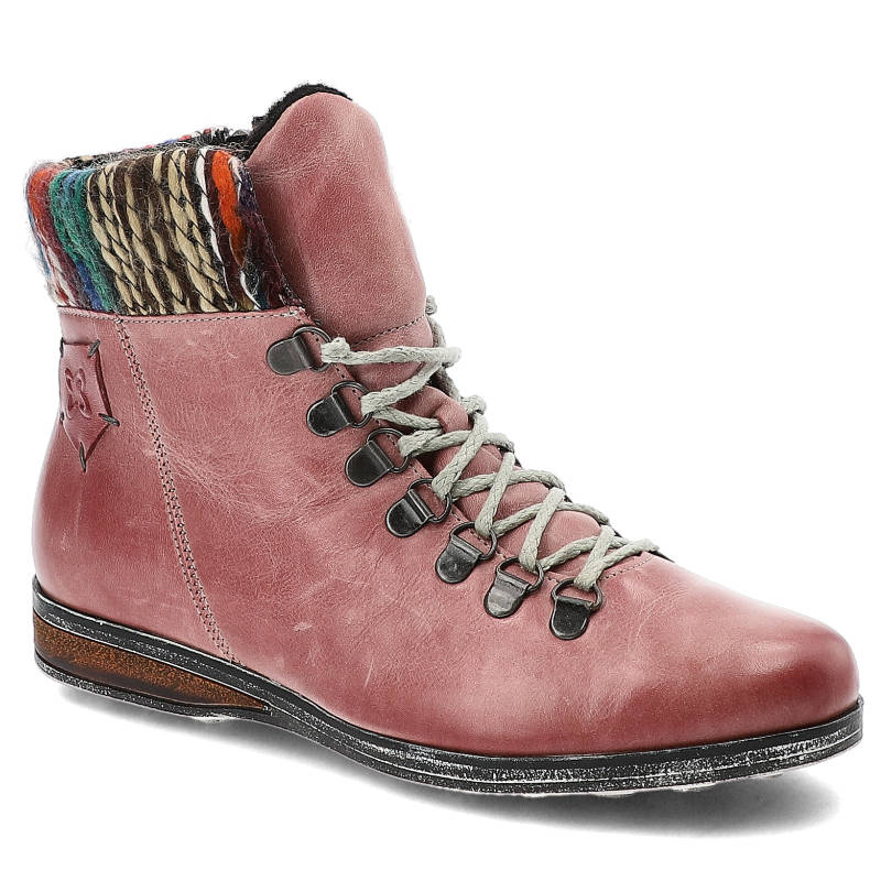 Trzewiki damskie Maciejka, skóra licowa z metalowymi mocowaniami sznurowadeł doszywanym logo i miękkim dzianinowym otoczeniem łydki, różowe, 03276-15